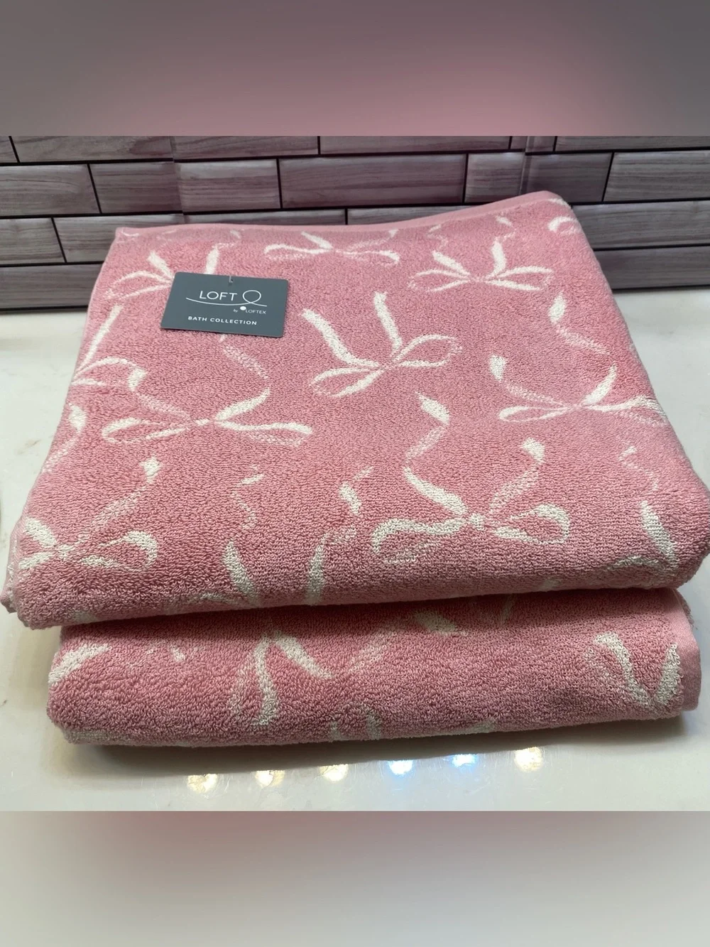 Loft by Loftex ❤️(2) Bow cotton Bath Towels Soft Pink/Ivory Hotel-quality NEW